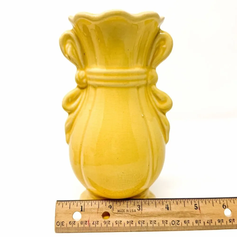 Vintage Brush McCoy 705 Yellow Ribbon Bow Vase 7” Art Pottery Cottagecore